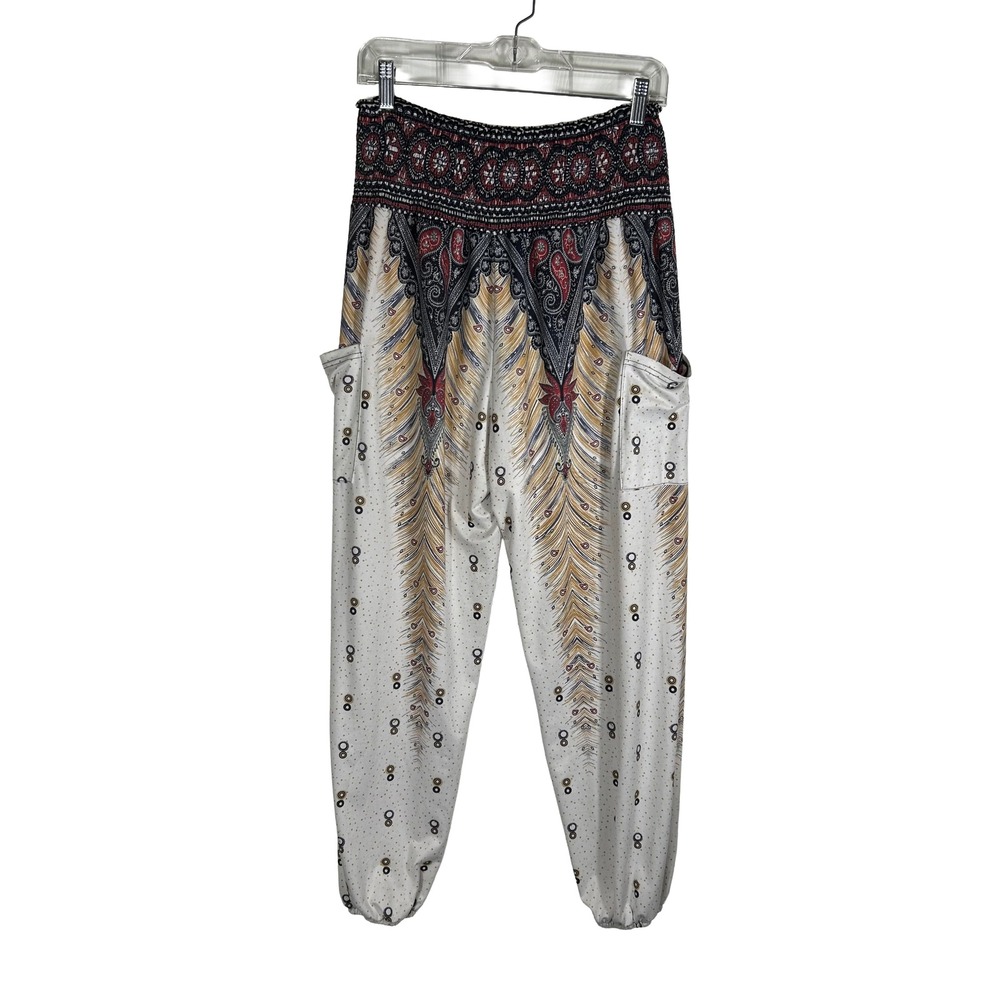 QIANXIZHAN Womens Boho Paisley Feather Print‎ Harem Pants Smocked Waist White M
